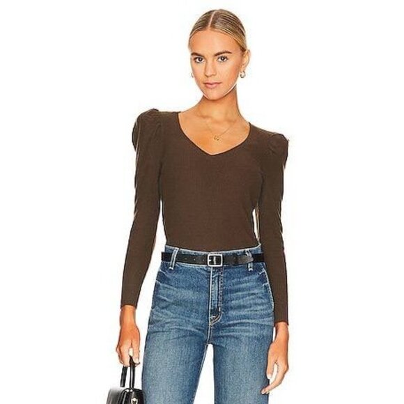 Nation LTD XS Ribbed V-Neck Puff Sleeve Top Brown Tencel/Polyester - Picture 1 of 8